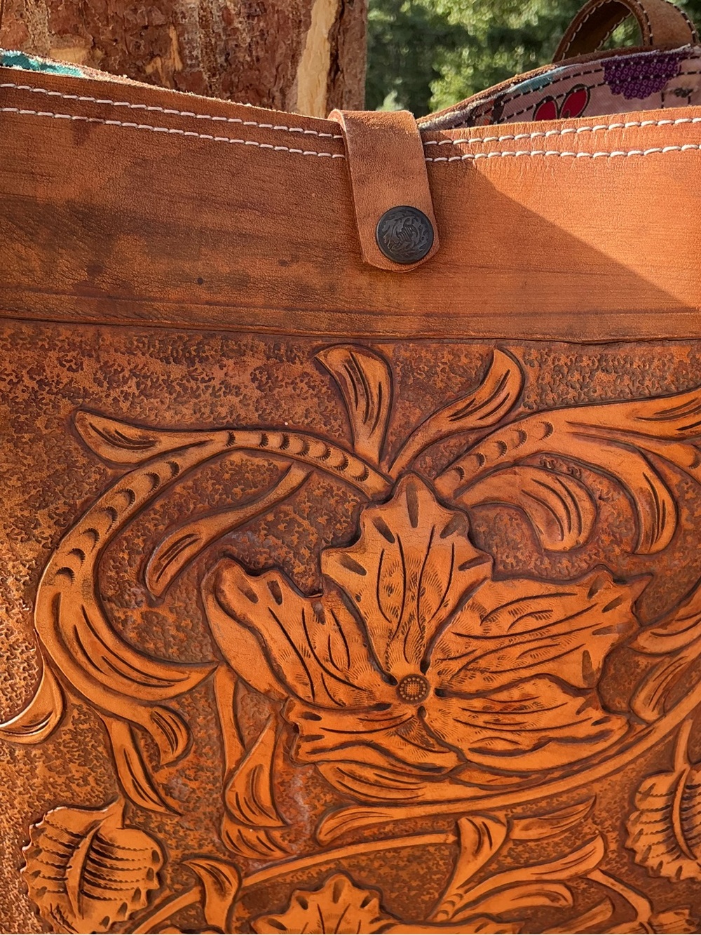 Tooled Leather Floral Tote Bag | Vintage Western Boho Shoulder Bag/ Double Sided - Picture 7 of 13